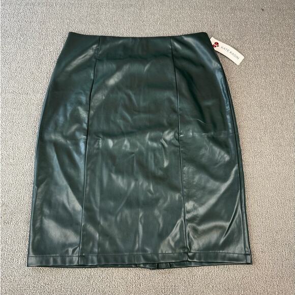 NWT Kate Kasin Faux Leather Pencil Skirt Green Size Large - Picture 1 of 7